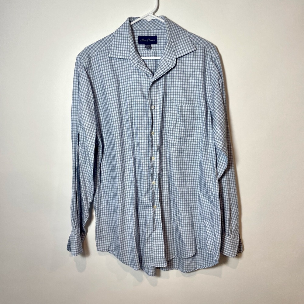 Alan Flusser Button Up Long Sleeve Shirt‎ Mens Size 15.5 Blue Checkered Formal
